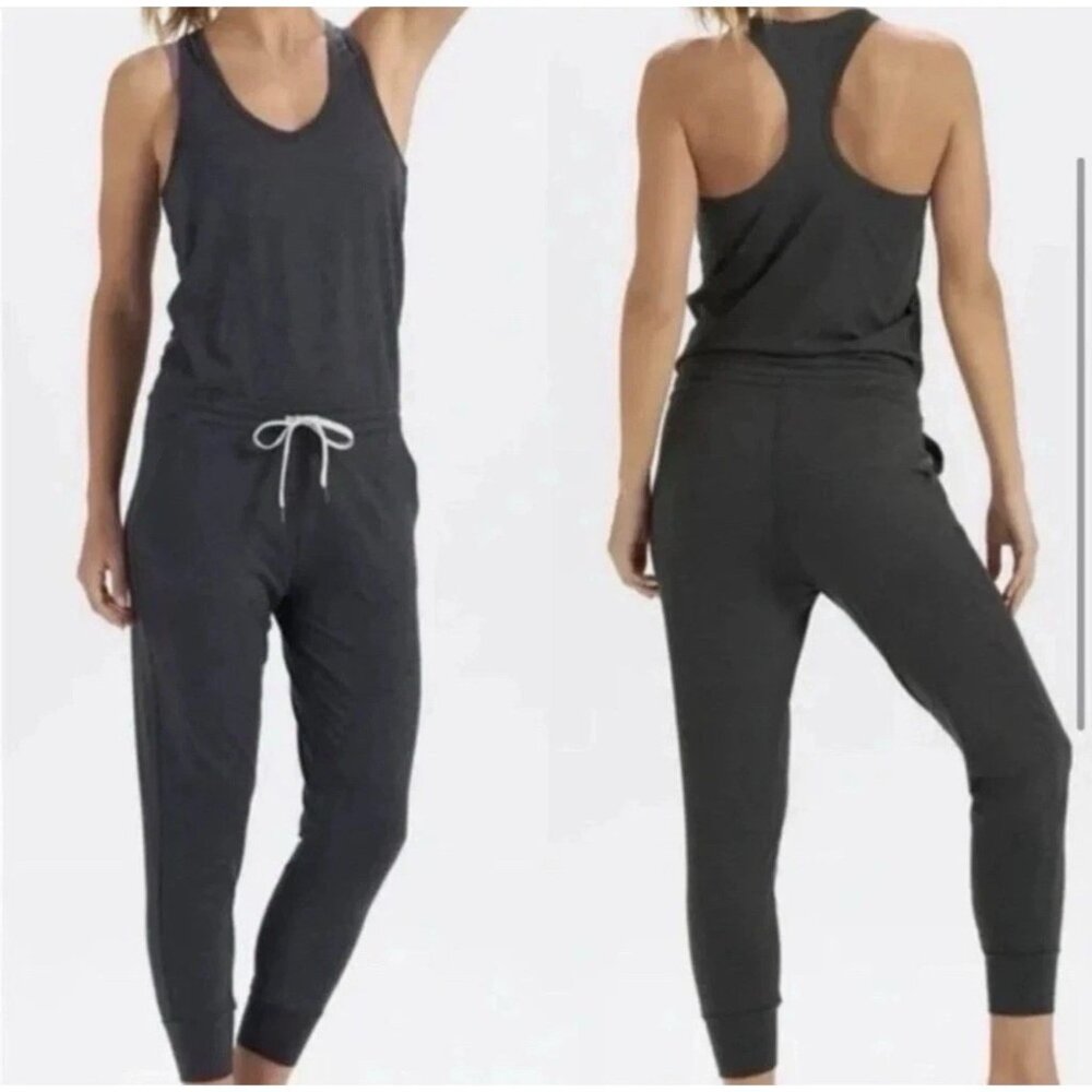 Vuori Lux Jumpsuit Women’s Charcoal Gray Sleeveless Romper Pockets Stretch